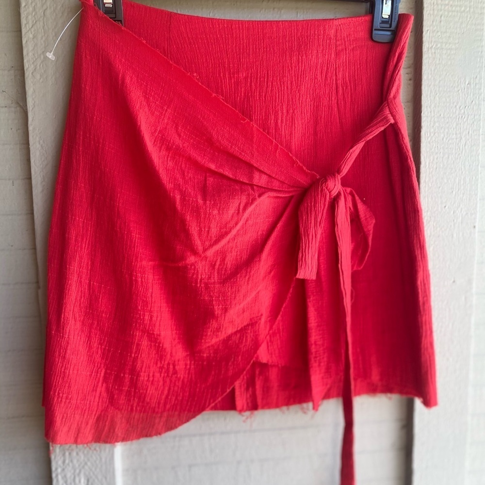 Mint Vanilla Red Linen Wrap Tie Skirt
